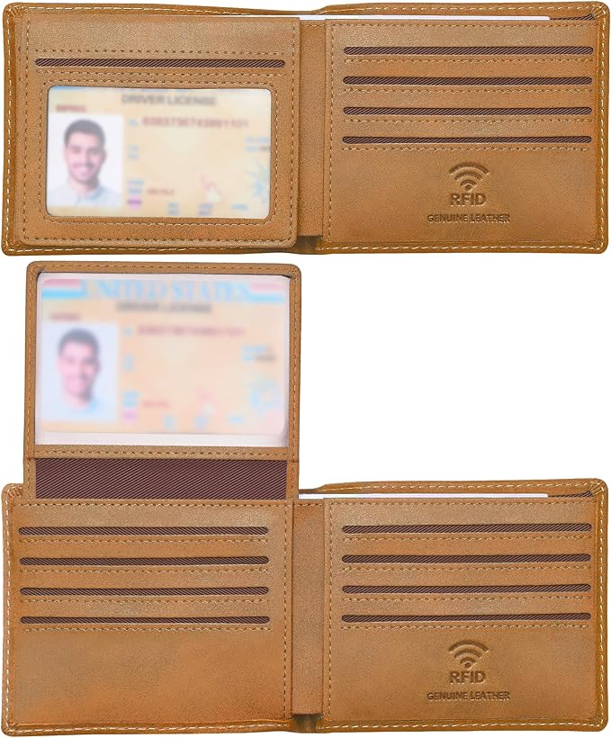 Travelambo Genuine Leather Wallet for Men with Gift Box - Handmade Bifold Stylish - Mens Wallets Rfid Blocking with 2 ID Windows
