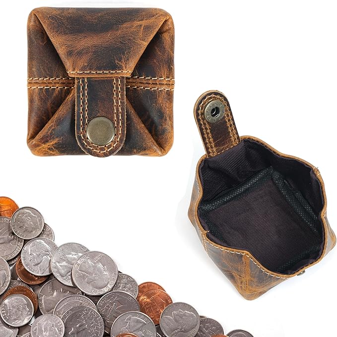 Leather Coin Pouch - Compact Change Holder and Mini Pocket Wallet for Men & Women (Antique Brown)
