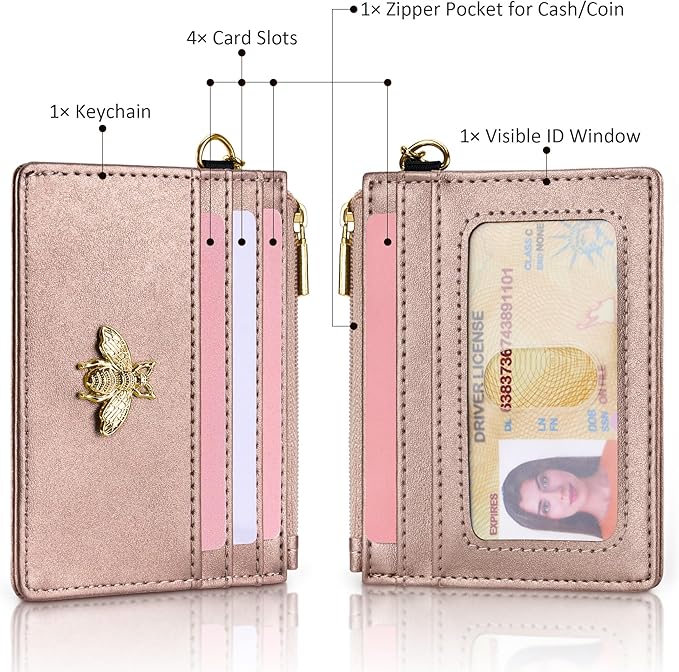 SEAVILIA Card Holder Keychain Wallet for Women with ID Window RFID Coin Purse Bee Gifts Slim Minimalist Small Wallet