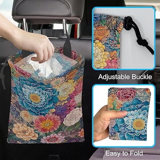 Car Trash Bag Hanging Blooming Flowers Car Trash Can Waterproof Garbage Bag Hanging for Car Back Seat