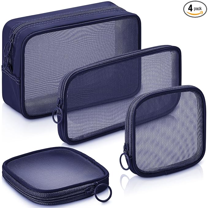 Weewooday 4 Pcs Mesh Makeup Bag Mesh Cosmetic Bag Travel Toiletry Pouch with Zipper Mini Makeup Cosmetic Purse for Daily Accessory(Small, Large, Medium,Navy Blue)