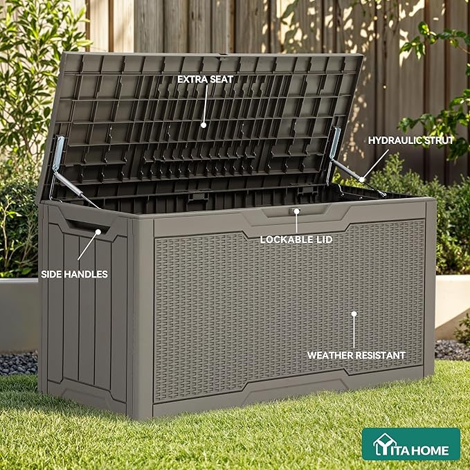 YITAHOME 80 Gallon Resin Deck Box, Weather Resistant Outdoor Rattan Storage Box, Lockable Indoor Outdoor Storage for Supplies and Essentials, Taupe