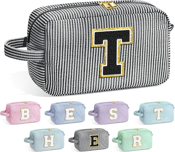 YOOLIFE Teacher Appreciation Gifts for Women - Initial Makeup Bag Letter Toiletry Pouch Cosmetic Case, Personalized Birthday Gifts for Women Girls Mom Daughter Sister Friends, Black T