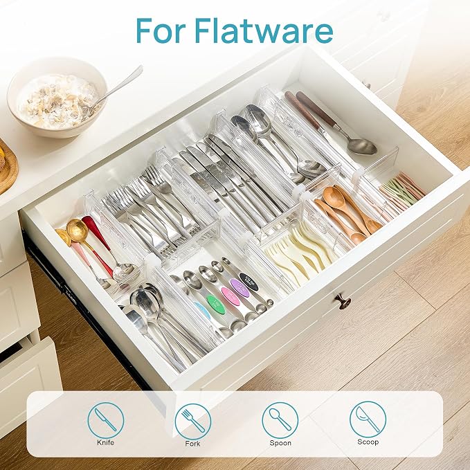 Vtopmart 2.36” Drawer Dividers with Expandable Inserts, 12.8"-22.3" Adjustable Kitchen Drawer Organizer, Clear Plastic Organizer Separator for Flatware, Utensil, Cutlery, 4 Dividers with 6 Inserts