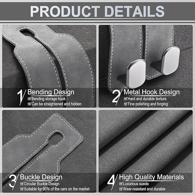 LivTee Headrest Purse Hook for Car, Seat Hook Hangers Storage Organizer for Bags and Coats Holder, Upgrade Leather Double Hook and Mobile Phone Holder for Universal Vehicle Car Accessories(Grey-2PCS)