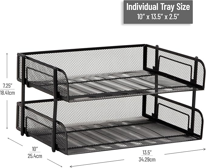 Mind Reader 2-Tier Stackable Paper Tray, Desktop Organizer for Letter-Size Documents, Office File Storage, Metal Mesh, Set of 2, Black