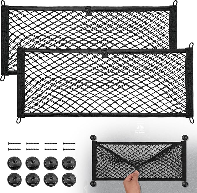 BUMBEE Mesh Cargo Net, Envelope Netting, Elastic Pocket Pouch Bungee Organizer for Car Seat Back RV Wall Trunk, Hooks & Screws Included(25.6'' x 9.8'')