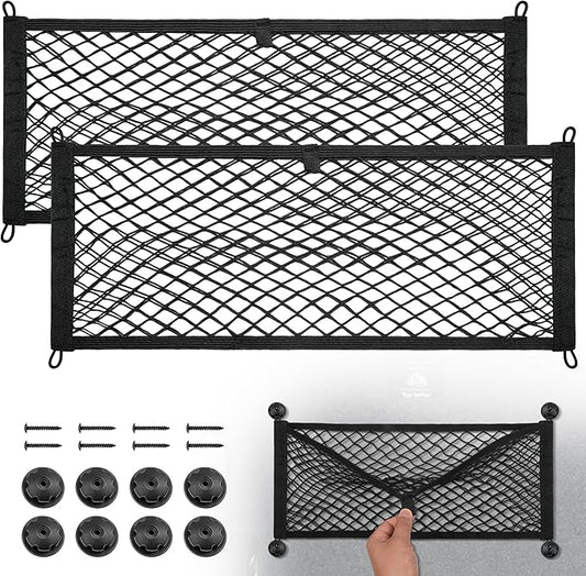 BUMBEE Mesh Cargo Net, Envelope Netting, Elastic Pocket Pouch Bungee Organizer for Car Seat Back RV Wall Trunk, Hooks & Screws Included(25.6'' x 9.8'')