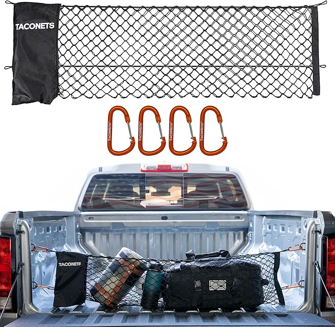 TacoNets Envelope Cargo Net for Colorado/Canyon - Fits 2023-Current - Upgraded 5mm Bungee - Integrated Storage Bag - Heavy Duty Carabiners - Designed in USA
