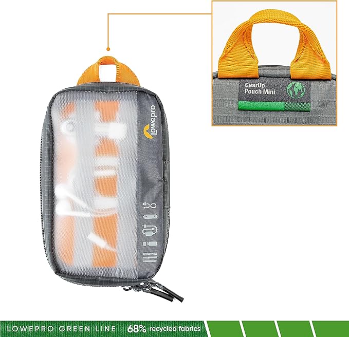 Lowepro GearUp Pouch Mini, Travel Essentials, Travel Case for Phone Cords, Cables, Adapters, USB Sticks, Smartphone Accessories, Made of Recycled Fabric, Grey
