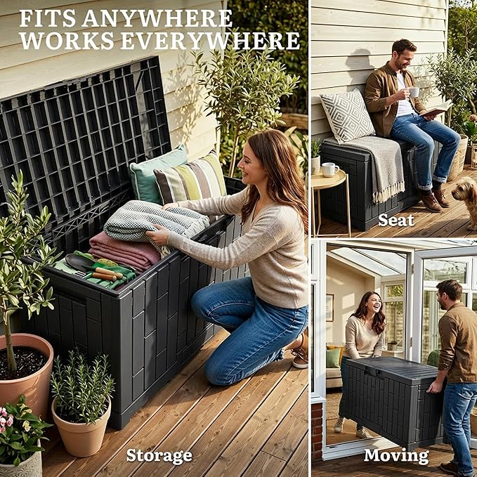 YITAHOME 60 Gallon Outdoor Storage Box, Waterproof Resin Deck Box with Slide-Locking Lid, Patio Storage Bin and Bench Seat for Patio Furniture, Garden Tools and Pool Accessories, Black
