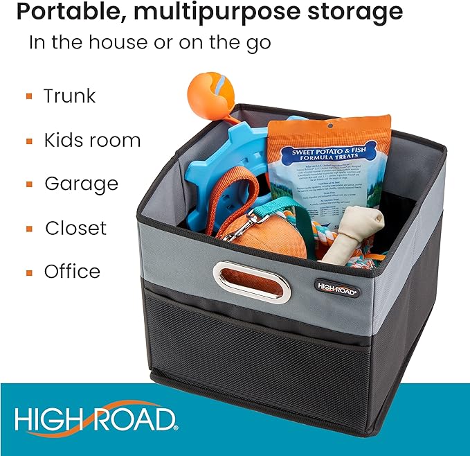 High Road CargoCube Car Storage Bin - Leakproof Car Trunk Storage Organizer with Metal Handles and Front Mesh Pocket (Square)