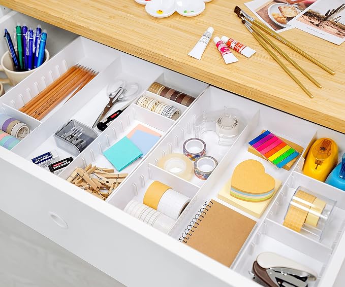 CAXXA 3 Slot Drawer Organizer with 4 Adjustable Dividers - 7 Compartments Junk Drawer Storage for Makeup & Vanity, Office Desk Supplies and Accessories,WHITE (2 pack)