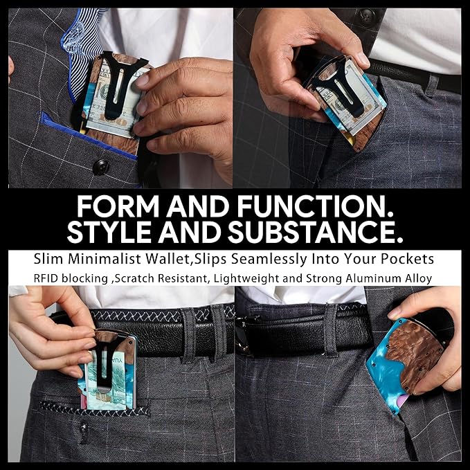 Slim Wallet for Men,RFID Blocking Minimalist Metal Wallet, Money Clip/Cash Holder, Front Pocket Aluminum Credit Card Holder, Ideal Gift for Men,Resin Light Blue-Wood