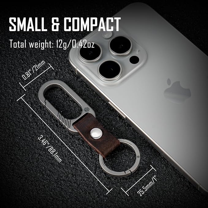 KeyUnity KM02 Titanium Belt Clip Carabiner Leather Keychain Holder with Removable Stainless Steel Key Ring