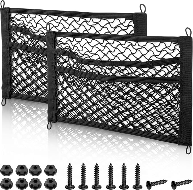 RED WOLF 3 Layer Small Cargo Net 17.7" x 9.8" Elastic Stretchable Bungee Nets Storage Mesh Pocket Organizer Mounting w/8 Screw and Built-in Hooks for SUV Truck Camper Accessories