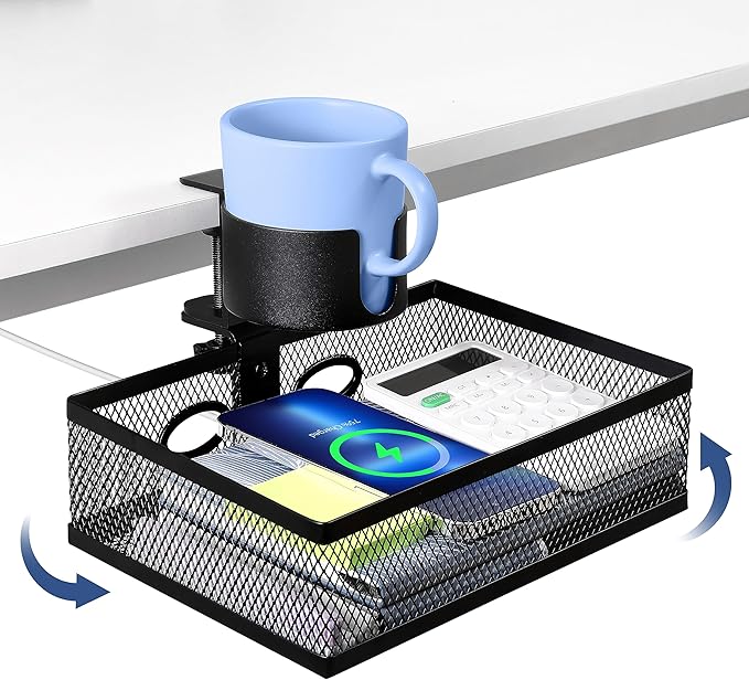 360 Rotating Under Desk Drawer Organizer with Cup Holder Clamp On Desk Drawer No Drilling Table Management Tray Anti-Slip Swivel Pencil Drawer Under Table Storage Easy Install for Home Office