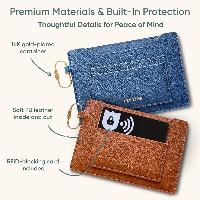 Passport Holder for Travel RFID Blocking Slim Leather Passport Wallet & Passport Book Cover Case with Gold Tone Screw Carabiner and Gift Pouch, Airport Essentials (Brown)