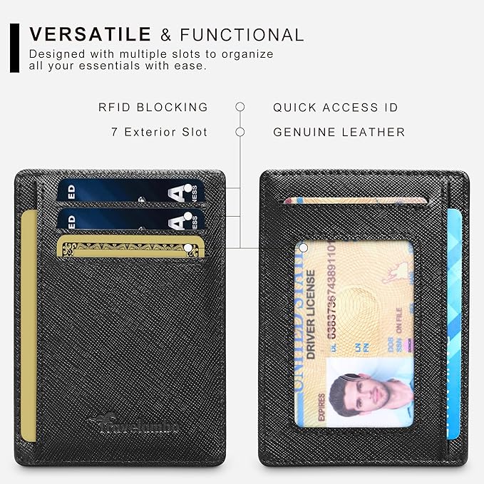 Travelambo 100% Genuine Leather Wallet for Men and Women, Slim Minimalist RFID Blocking Front Pocket Credit Card Holder with Gift Box(Cross Black)