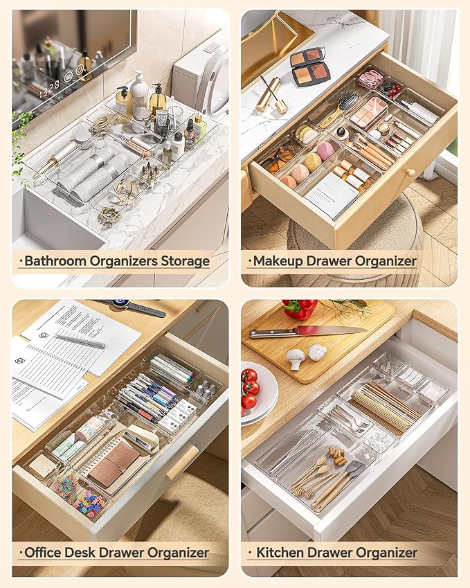 KEMETHY 25 PCS Plastic Drawer Organizers Set, 4 Sizes Vanity Organizer, Makeup and Desk Drawer Organizer Trays, Organization and Storage for Makeup, Bathroom, Kitchen Utensils and Office (Clear)