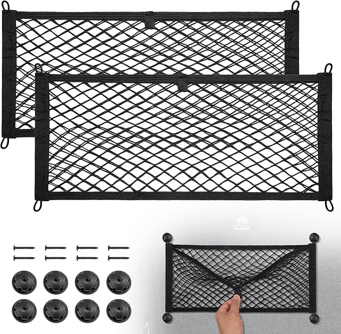 BUMBEE 2 Pcs Universal Elastic Mesh Netting Mesh Cargo Net, Envelope Netting, Elastic Pocket Pouch Bungee Organizer for Car Seat Back RV Wall Trunk, Hooks & Screws Included (23.6'' x 9.8'')