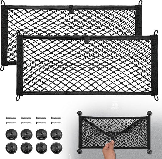 BUMBEE 2 Pcs Universal Elastic Mesh Netting Mesh Cargo Net, Envelope Netting, Elastic Pocket Pouch Bungee Organizer for Car Seat Back RV Wall Trunk, Hooks & Screws Included (23.6'' x 9.8'')