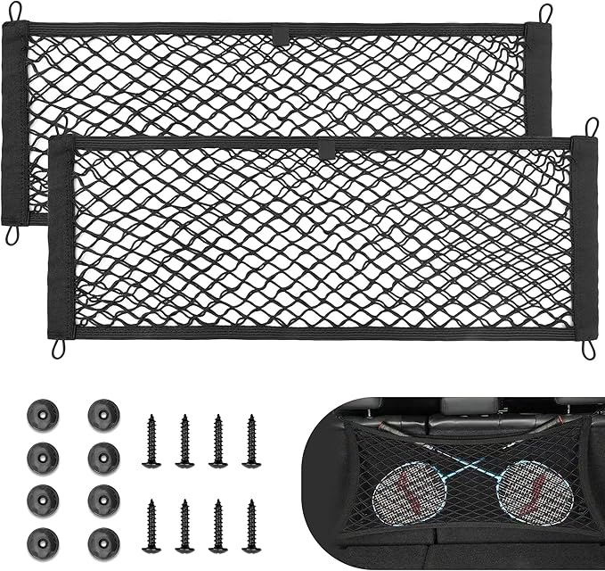 RED WOLF 2 Pcs Universal Cargo Net Pocket Elastic Mesh Netting Car Mesh Pouch for Trunk RV Boats Home Cargo Storage Mesh with Screws and Hooks (25.6'' x 9.8'')