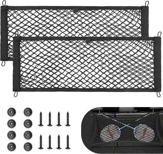 RED WOLF 2 Pcs Universal Cargo Net Pocket Elastic Mesh Netting Car Mesh Pouch for Trunk RV Boats Home Cargo Storage Mesh with Screws and Hooks (25.6'' x 9.8'')