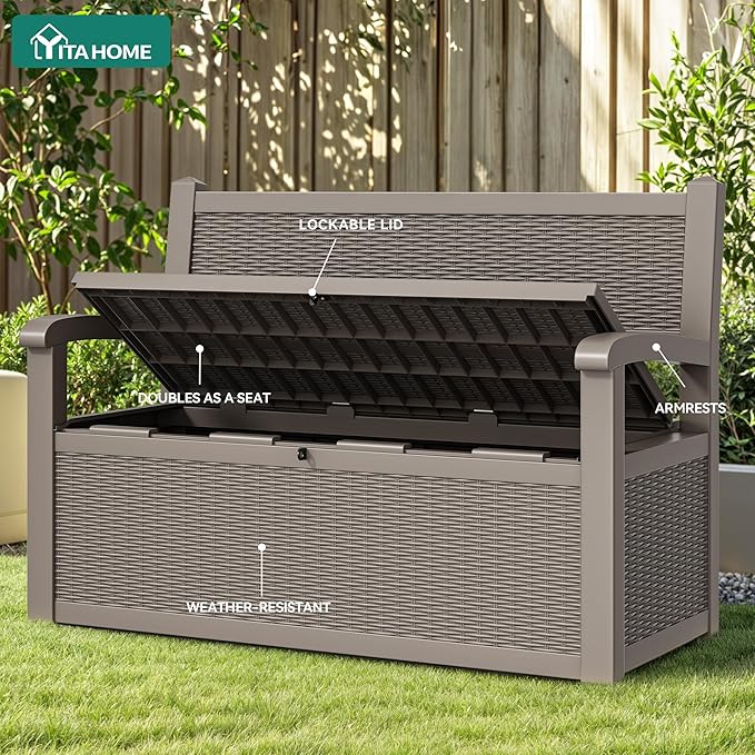 YITAHOME 70 Gallon Storage Bench Deck Box, Lockable Patio Bench, Waterproof Outdoor Pool Deck Storage for Patio Cushions, Garden Tools and Pool Supplies, Light Brown