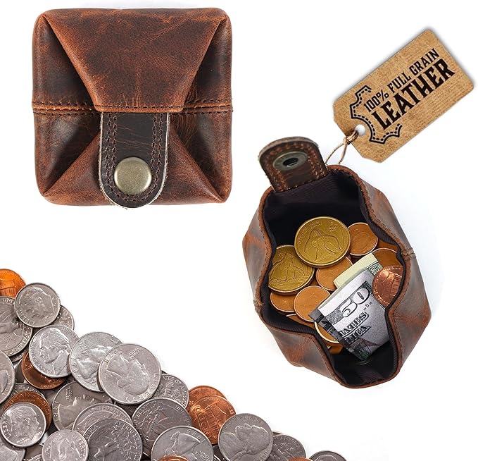 Leather Coin Pouch - Compact Change Holder and Mini Pocket Wallet for Men & Women (Brown)