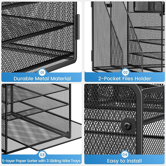 Lavatino Desk Organizer, 5-Tier Metal Mesh Paper Letter Tray with 2 File Holders & 7 Flexible Dividers for Office or Home Desk Organizers and Accessories, Keep Workspace Supplies Neat, Black