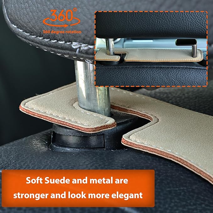 Car Seat Back Hook Metal with Suede Universal Vehicle Headrest Hangers Interior Storage Organizer for Purse Handbag Coat Grocery Bags 2 Pack Beige