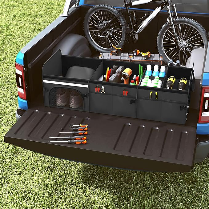 18 Gal Car Trunk Organizer with Lid, 3-Compartment Portable Storage Box with Leakproof Cooler Bag, Shoe Storage, Dividers & Adjustable Securing Straps, Collapsible Trunk Organizer for SUV,