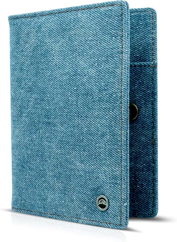 RFID Travel Passport Holder – Slim Credit Card & Document Organizer, Boarding Pass Wallet, Denim Eco Plane Essential Case Cover for Men Women (Blue Denim)