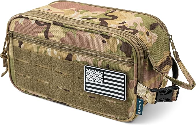 PAVILIA Tactical Toiletry Bag for Men, Water Resistant Molle Military Dopp Kit, Travel Hygiene Organizer with Wet Dry Storage for Shaving, Grooming, Gym and Camping, Camo
