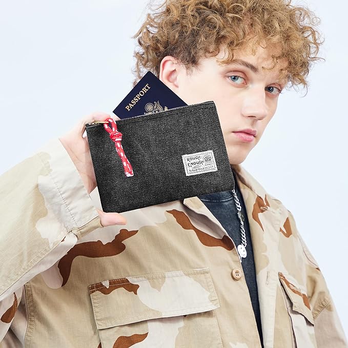 Rough Enough Passport Wallet for Men Women Compact Travel Pouch for Documents ID Essentials with Key Ring Heavy Duty Canvas