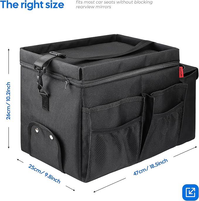 Car Organizer & Cooler – Durable Oxford Fabric Exterior & Waterproof Liner, Portable Car Storage & Insulated Cooler Box with Dividers, Cup Holders & Tissue Pocket – Black [2025 Upgraded]