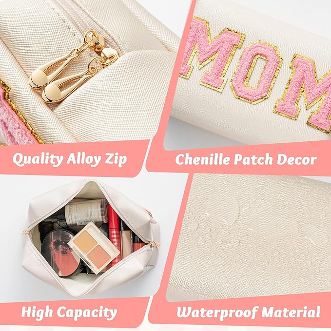 Y1tvei Preppy MOM Cosmetic Bag for Mother, Patch PU Leather Waterproof Makeup Bag with Zipper, Varsity Letter Toiletry Pouch Travel Organizer Mama to Be Gift for Birthday Mother's Day Baby Shower