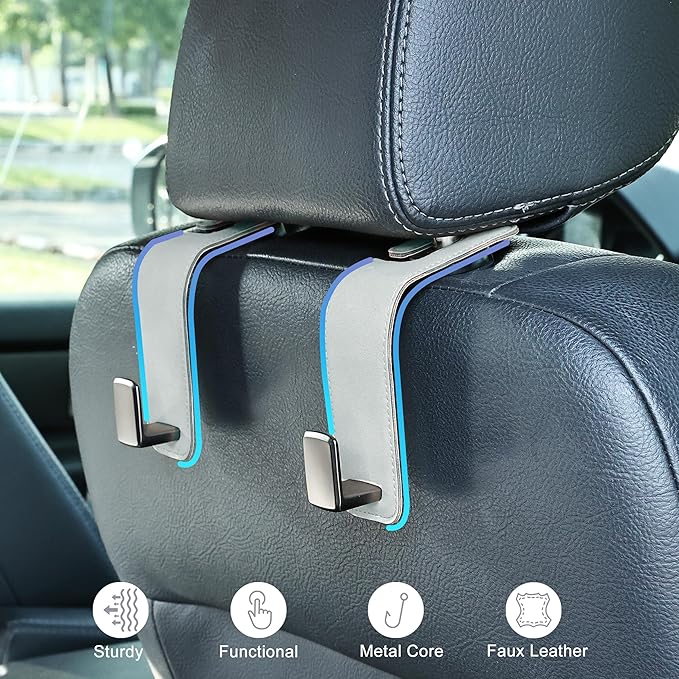 Car Seat Back Hook Metal with Suede Universal Vehicle Headrest Hangers Interior Storage Organizer for Purse Handbag Coat Grocery Bags 2 Pack Light Gray