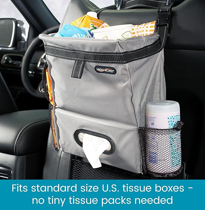High Road Car Organizer with Car Trash Bin and Tissue Holder - Holds Full Size Tissue Box, Bottles and Wipe Containers - 2 Gal Leakproof Covered Trash Can with Push-Close Lid