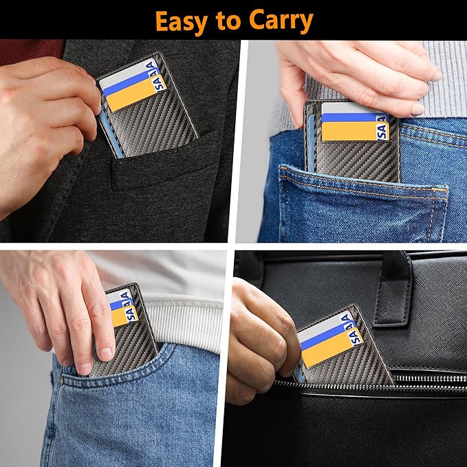 Travelambo Front Pocket Minimalist Leather Slim Wallet RFID Blocking Carbon Fiber Texture