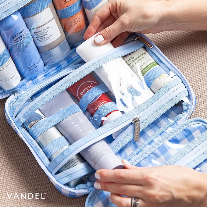 VANDEL Waterproof Hanging Toiletry Bag [TSA-Approved] Hanging Makeup Organizer Bag, Cosmetic Travel Bags for Women, Makeup Case Toiletries Organizer Hygiene Bathroom Shower Caddy - Blue Gingham