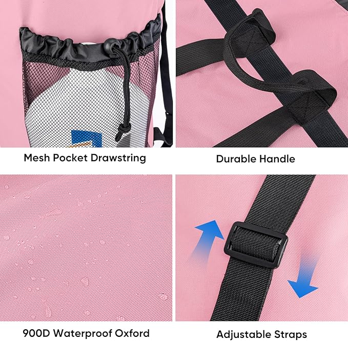 BALEINE 150L Laundry Bag Backpack, 900D Oxford Fabric Large Travel Laundry Bags with Shoulder Straps and 2 Mesh Pockets for College Dorm, Apartment, Laundromat (Pink, 150L)
