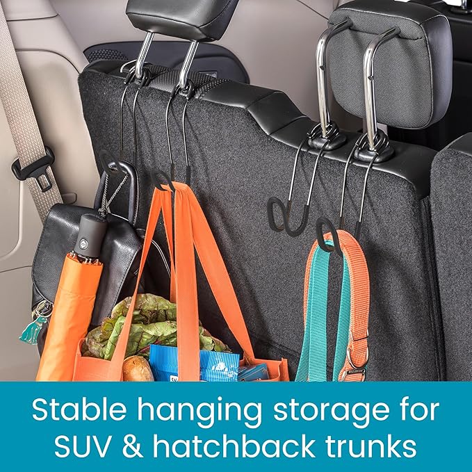 High Road Car Hooks for Purses and Bags with Leather Trim - Unbreakable Car Seat Hooks for Large Purse Straps and Heavy Bags up to 40 lbs - Secure Attachment Loops Fit All Headrest Posts, 2-Pack