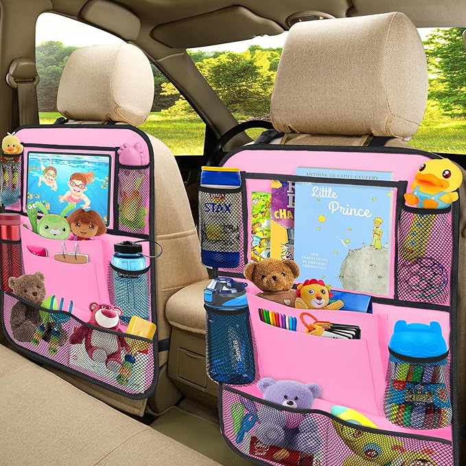 ULEEKA Car Backseat Organizer with 11" Table Holder, 10 Storage Pockets Seat Back Protectors Kick Mats for Kids Toddlers, Travel Accessories, 2 Pack, Pink