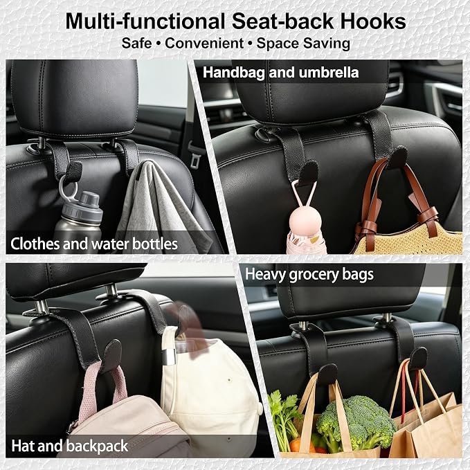 Amooca Car Seat Headrest Hook, Universal Vehicle Storage Hanger, Leather with Metal Car Seat Back Organizer for Handbag, Purse, Coat, Ergonomic Design, Black 4 Pack