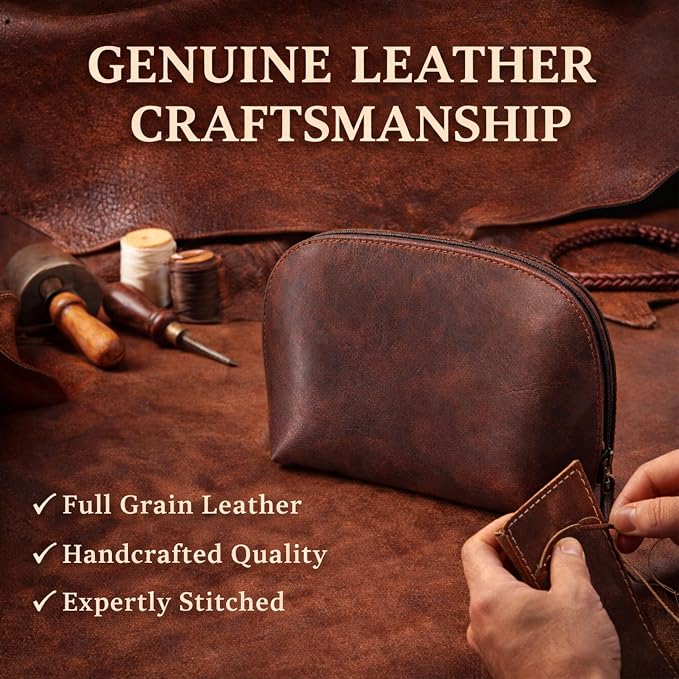 Genuine Leather Toiletry Bag for Men & Women, Leather Makeup Bag, Travel Dopp Kit Organizer with YKK Zipper, Handmade Cosmetics Case for Toiletries & Makeup (9 x 6 x 4 Inch)
