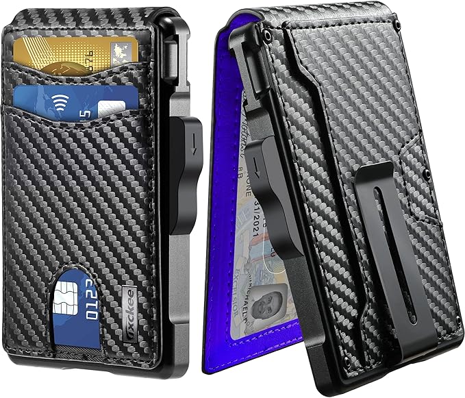 umoven Wallet for Men - with Money Clip Slim Leather Slots Credit Card Holder RFID Blocking Bifold Minimalist Wallet (Carbon Black and Blue)
