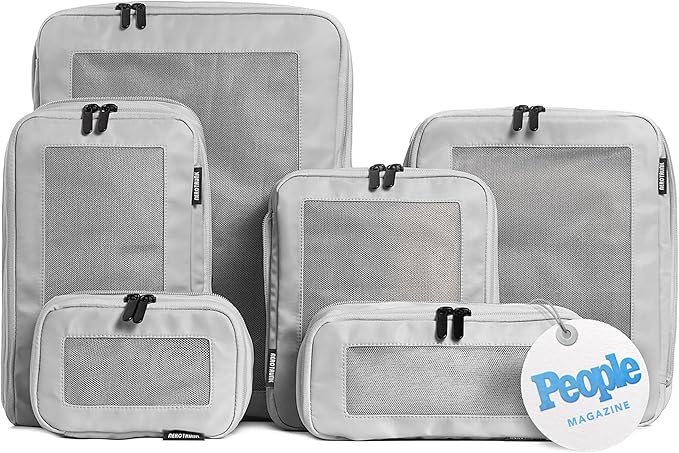 Aerotrunk Compression Packing Cubes for Travel - Luggage Organizer Bags - Double Zipper Packing Cubes for Suitcases (6-Pack, Light Grey)