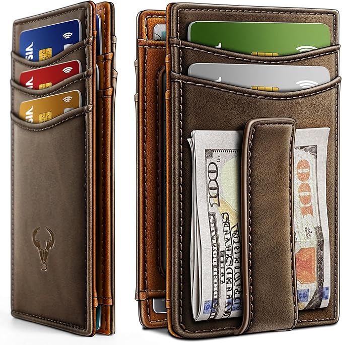 BULLIANT Magnetic Closure Slim Wallet-Genuine Leather Front Pocket Wallet for Men,RFID Blocking,Holds 12 Cards and Money Clip